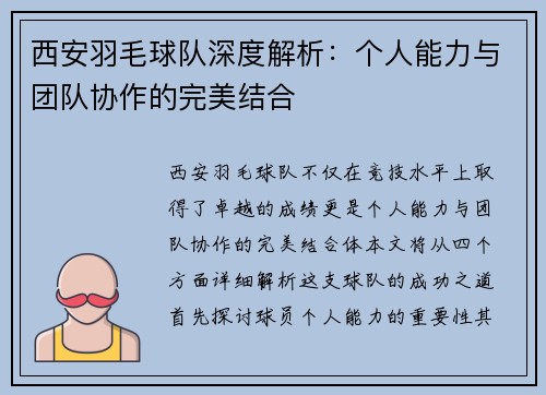 西安羽毛球队深度解析：个人能力与团队协作的完美结合